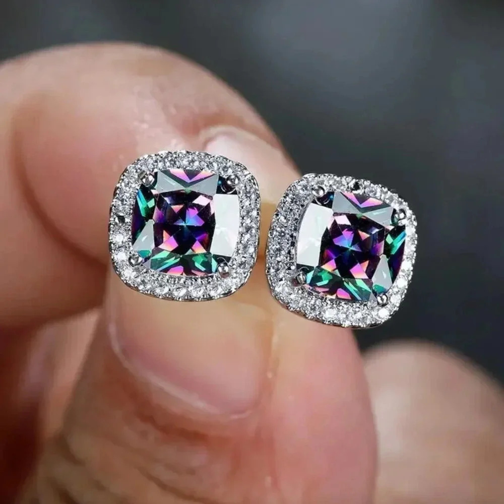 18k White Gold Mystic Topaz Diamond Halo Earrings